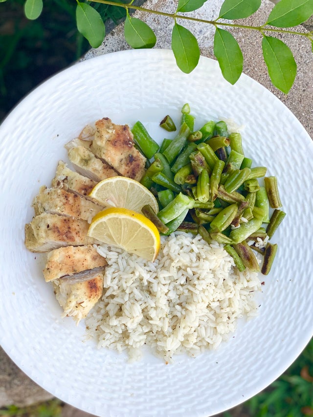 Crispy Lemon Chicken with Herbed Rice and Green Beans